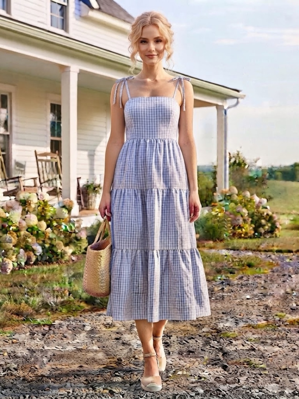 TCEC Blue Gingham Maxi Dress Tie Strap Smocked Back